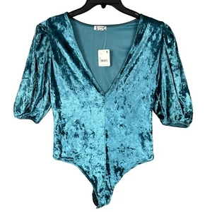 NWT Free People S Don't You Wish Velvet Deep Teal V-Neck Puff Slvs Bodysuit - Picture 1 of 10