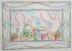 SHELBI needlepoint HP canvas Tallis Bag 2 Doves & Jerusalem Skyline 13m 14.5x10" - Picture 1 of 5