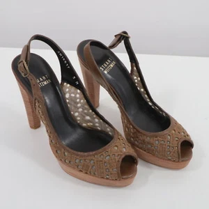 Stuart Weitzman Platform Sandals Womens Eyelet Brown Peep Toe High Heel US 5M - Picture 1 of 12