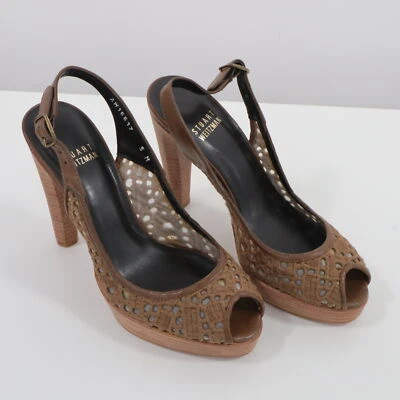 Stuart Weitzman Platform Sandals Womens Eyelet Brown Peep Toe High Heel US 5M - Image 1 of 4