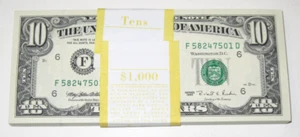 Fr 2032-F 1995 $10 Federal Reserve Pack 100 Consecutive - CRISP UNCIRCULATED - Picture 1 of 3