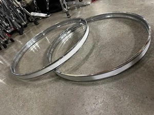 22" Pearl Bass Drum Hoops CHROME metal WHITE stripe USED ROUGH #NV3 - Picture 1 of 13
