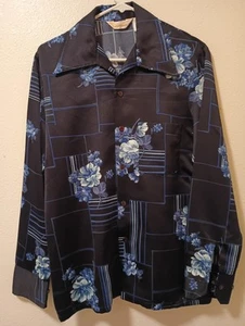 Vintage 70's Don Giovanni California Disco Men Satin Shirt M Blue Floral Design - Picture 1 of 3