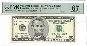 2001 $5 BOSTON FRN. PMG SUPERB GEM Uncirculated 67 EPQ Banknote. - Picture 1 of 2