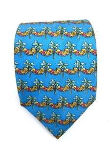 Rare New & Lingwood Unique Teddybear Hammock Palm Tree Tropical Blue Silk Tie - Picture 1 of 10