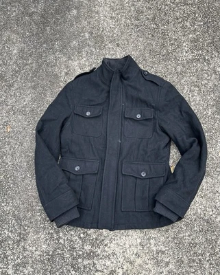 Merona 四口袋军用野战夹克外套男式中号羊毛混纺黑色 — 第 1/4 张图片