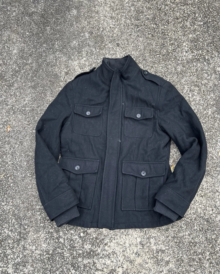 Abrigo Chaqueta de Campo Militar Merona Cuatro Bolsillos Para Hombre Mediano Mezcla de Lana Negro Foto 1 de 4