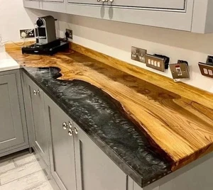 Black Epoxy Resin Kitchen Island Countertop, Dining Table Top, Acacia Wood Table - Picture 1 of 7