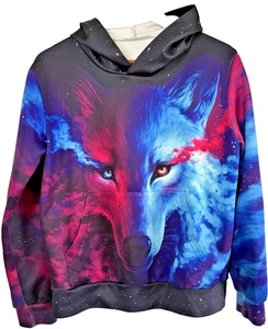 Cosmic Wolf blau pink lila blau Hoodie Sweatshirt Gr. Small Kapuzentaschen - Bild 1 von 5