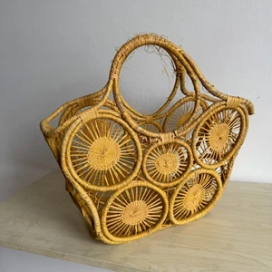 Yellow Straw Sunburst Raffia Open Woven Tote Bag - Good Condition - Picture 1 of 6