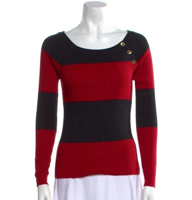 Lauren Ralph Lauren女式条纹圆领毛衣金色纽扣中号 — 第 1/4 张图片