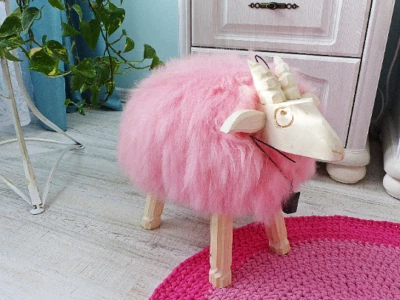 PINK Ottoman, Nursery Room Decor Sheepskin Pouf, Kid's Room Real Fur Footstool - Image 1 of 4