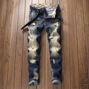 Casual Men Jeans New Straight Trousers Hip Hop Slim Fit Ripped Denim Pants - Picture 1 of 12