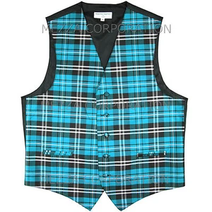 New Men's Plaid Tuxedo Vest Waistcoat only Plaid checkers Turquoise prom Wedding - Picture 1 of 2