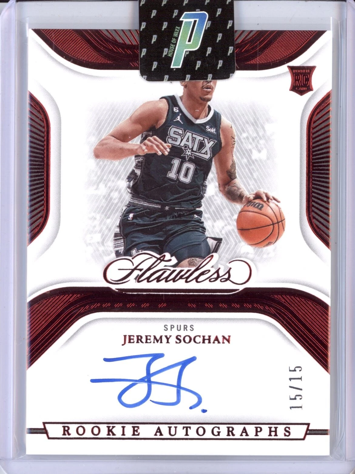 JEREMY SOCHAN 2022-23 PANINI FLAWLESS ROOKIE AUTOGRAPHS AUTO RUBY 15/15 RC