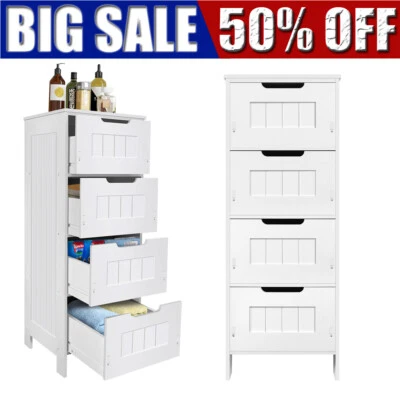 Bathroom Cabinet Cupboard Storage Unit W/ 4 Drawers PVC White Bedroom Furniture - Image 1 of 4