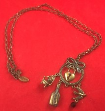 Rare Vintage Disney Alice In Wonderland Charm Necklace Brass Drink Me Chair Etc