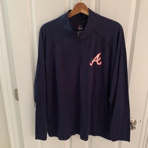 Majestic Atlanta Braves MLB Men XXL 2XL 1/4 Zip Pullover Jacket Navy Blue LS Cover