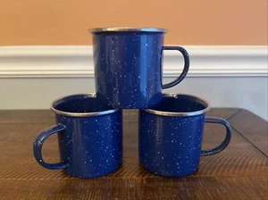 Vintage Blue Speckled Enamel Tin Metal Mugs Cups Set of 3 Silver Metal Rim Camp - Picture 1 of 6