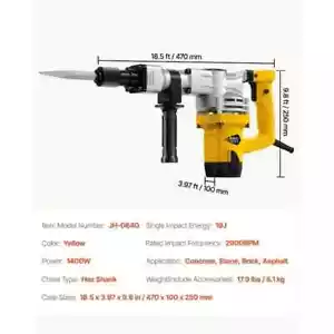 Demolition Jack Hammer Concrete Breaker 1400W Electric Hammer with 2 Chisel Bits - Picture 1 of 7