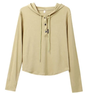 Donna Felpa con Cappuccio Slim Manica Lunga Sottile Corto Camicia Top Casual - Foto 1 di 12