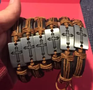 Women Men 6 pcs Christian Cross Alloy Bracelet Leather Rope Bangle Jewelry - Picture 1 of 2