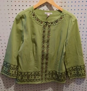 JM Collection Womens Blazer Jacket Size 12 Zipper Aztec Embroidered Olive Green - Picture 1 of 4