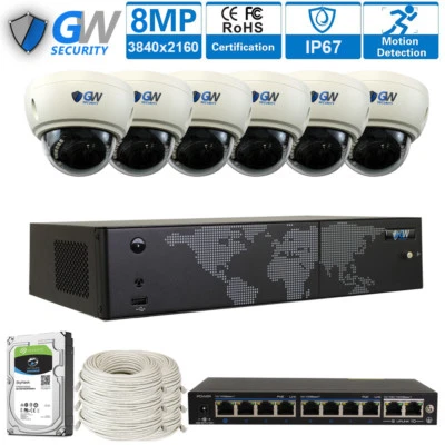 8 Channel 4K NVR (6) 8MP 2160P Motorized MIC PoE IP Security Camera System 2TB - Image 1 of 4