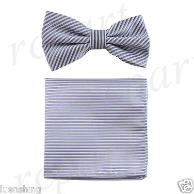 Nueva pajarita y pañuelo preatados para hombre tono sobre tono rayas gris plata Foto 1 de 4