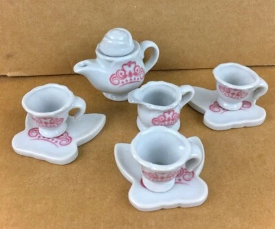 Mini juego de té miniatura para casa de muñecas diseño de patrón rosa 9 piezas Foto 1 de 2
