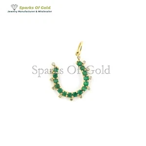 Real Emerald & Diamond Horseshoe Charm Pendant 14k Yellow Gold Minimalist Jewelr - Picture 1 of 2