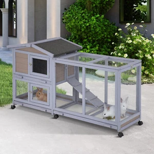Indoor & Outdoor Large Rabbit Hutch Rabbit Cage Guinea Pig Cage w/ Wheels &Tray - Picture 1 of 7