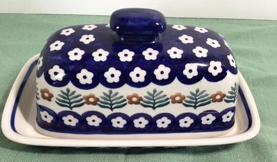 Синий польский Boleslawiec керамики масло блюдо ~ цветочный узор, тарелка и крышка 2 шт. - Изображение 1 из 4