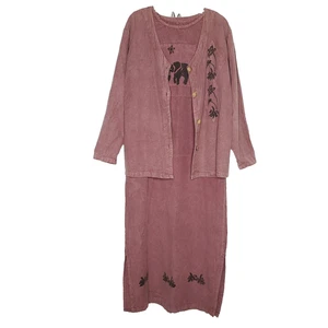 2pc Lagenlook Maxi Sleeveless Dress Long Sleeve Shirt M Red Elephant Palm Trees - Picture 1 of 8