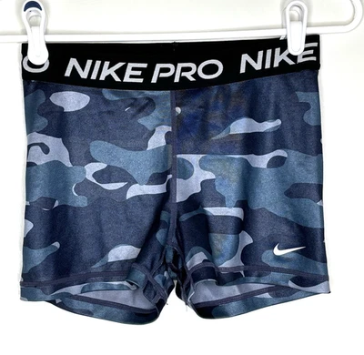 Pantalones cortos para correr Nike Pro para mujer pequeños S ajustados elásticos 25" cintura azul camuflaje Foto 1 de 4