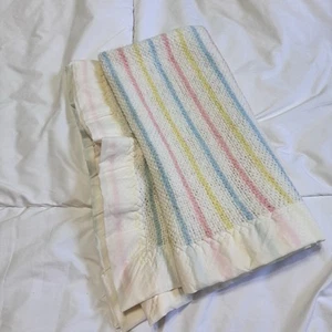 Vintage EUC Chatham Acrylic Baby Blanket White Waffle Weave Pastel Stripe 42X36” - Picture 1 of 9