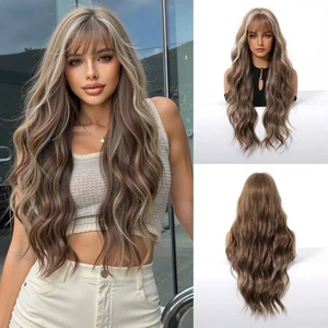 Brown Blonde White Ombre Water Wave Wig with Bangs - Heat Resistant Cosplay - Picture 1 of 10