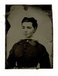 Gem Tintype of a young woman in mourning , tinted face ca 1860s - Picture 1 of 2