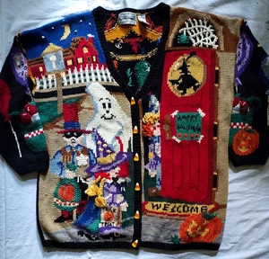 Seltene Vintage 90er Northern Isles Halloween AOP Handstrick Strickjacke Pullover Landhaus - Bild 1 von 24
