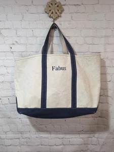 Vintage LL Bean Boat And Tote Large Navy Blue Natural Zip Top Fabus Monogram Bag - Bild 1 von 22