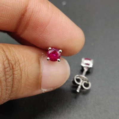 3mm Round Cut Simulated Ruby 14k White Gold Plated Women's Stud Earring #02 - Image 1 of 4