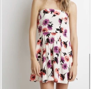 Forever 21 Strapless Floral Mini Dress with Open Tie Back- Size M - Picture 1 of 11