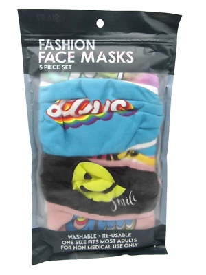 Fashion Face Masks 5 Piece Set Good Vibes Washable Reusable - NEW - Image 1 of 3
