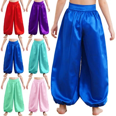 Kids Girls Satin Harem Pants Belly Dance Costume Tribal Arabic Palazzo Dancewear - Image 1 of 4