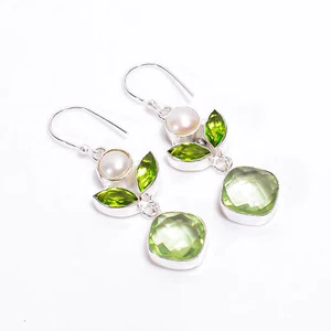 Peridot Pearl Gemstone Fashion Jewelry 925 Silver Dangle Earrings 2.2" ARE-579 - Picture 1 of 3