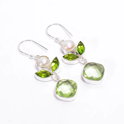 Peridot Pearl Gemstone Fashion Jewelry 925 Silver Dangle Earrings 2.2" ARE-579 - Image 1 of 3