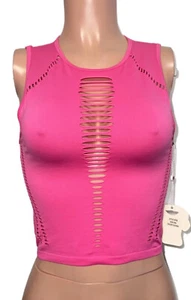 Barbie Pink Seamless Slim Fit Stretchy Cut Out Slashed Cleavage Top Barbiecore - Picture 1 of 3