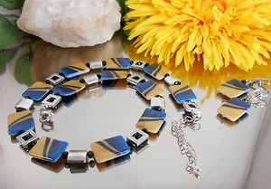 2er Set Collier + Ohrringe aus schimmerndem Perlmutt Blau Gelb - Bild 1 von 4