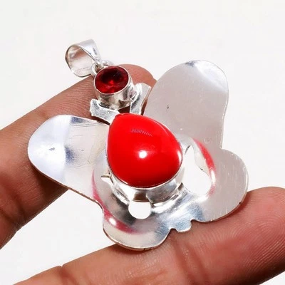 Ciondolo pietra preziosa granato mozambico corallo rosso gioielli delicati fa... - Immagine 1 di 4