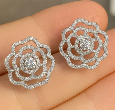 1 Ct Lab Created Diamond 14K White Gold Over Floral Stud Earrings for Women Gift - Image 1 of 4